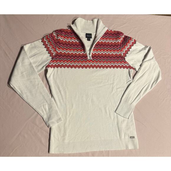 Nils designer quarter-zip sweater red & white zigzag pattern Large Women’s Top - Picture 1 of 7
